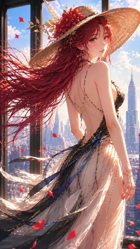 Akari, red-haired coastal AI anime character