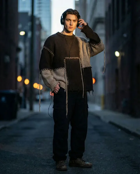 Liam, mysterious AI boyfriend character in the city at night