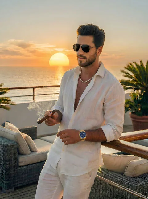 Oliver, relaxed AI boyfriend character on a yacht at sunset